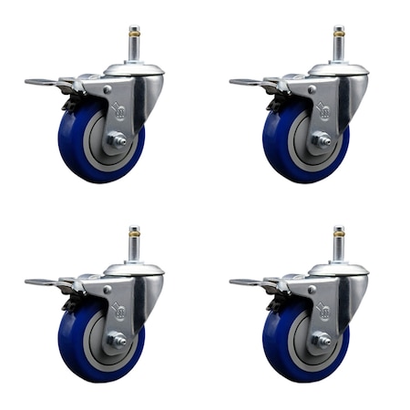 Service Caster 4'' Blue Polyurethane Swivel 7/16'' Stem Caster Set with Total Lock Brake, 4PK SCC-GRTTL20S414-PPUB-BLUE-716138-4